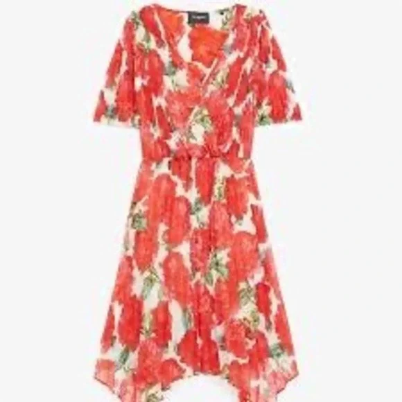 The Kooples Red Rose Floral Wrap Puff Sleeve Mini Dress Handkerchief Hem Small - Picture 3 of 13
